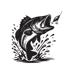 A black and white illustration of a largemouth bass leaping from the water, mouth open, with a lure in its mouth.
