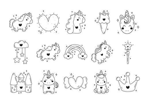Black And White Unicorn Doodle Fantasy Cute Illustrations Set