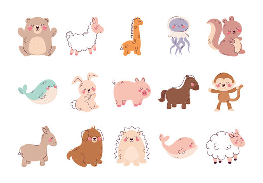 Colorful Animal Cute Cartoon Character Kids Illustrations Set