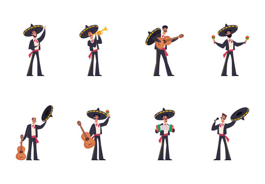 Colorful Mariachi Mexican Musicians Traditional Mexico Culture Illustrations Set