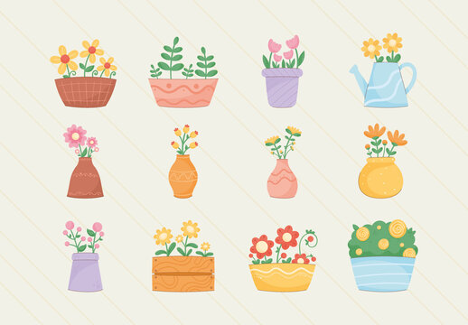Colorful Florist Cute Plants Flowers Vases Illustrations Set