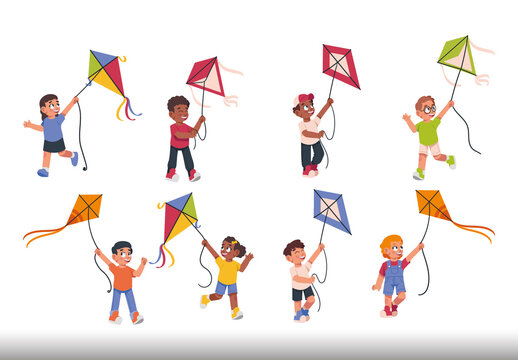 Colorful Kids Flying Kite Outdoor Fun Activity Illustrations Set