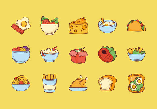 Colorful Food Meal Fast Food Illustrations Set