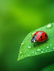 Fototapeta premium Macro photo of a ladybug walking on a curved green leaf covered in water droplets, set against a soft, blurred green background. 