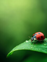 Fototapeta premium Ladybug on Dewy Green Leaf with Blurred Background 