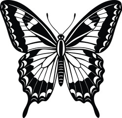 Elegant Black and White Swallowtail Butterfly Illustration  Symmetrical Wings, Detailed Design, Vector Graphic