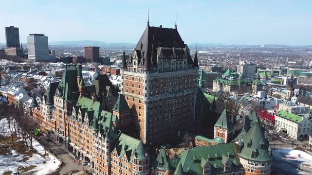 Drone View of Chateau Frontenac and Old Quebec City, Canada