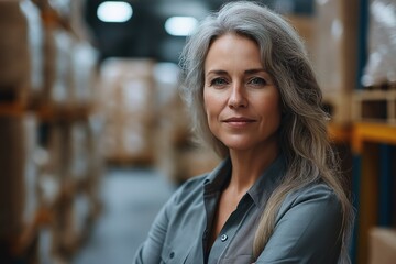 Confident Female Warehouse Manager Portrait in Logistics Industry with Gray Hair and Crossed Arms