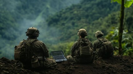 Troopers quietly observing distant ridge, one sipping from canteen, all geared, commander under netted cover tapping furiously on rugged keyboard to receive final command codes