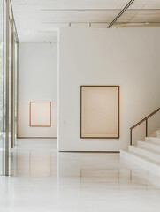 Minimalist Luxury Art Gallery in Beige Tones, Elegant Geometric Space, 1960s Museum Design