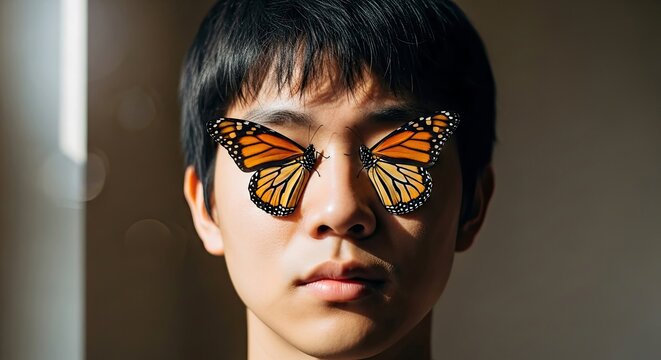 Portrait of a young Asian man with digitally added butterfly wings over his eyes brown background and soft lighting creates a serene atmosphere.