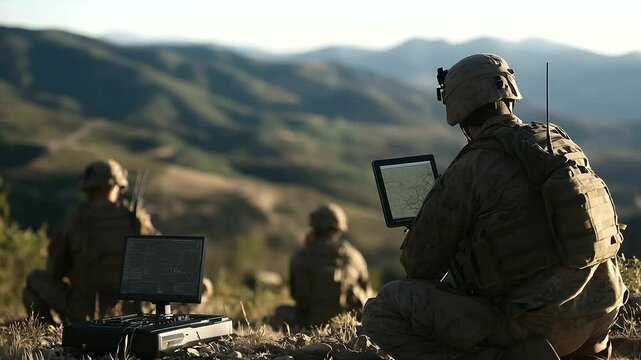 Troops crouched in tight group on rugged hilltop, ready to move, while commander at portable workstation with antennas inputs map data to relay target locations