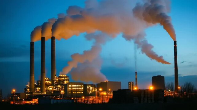 Twilight scene of biomass plant lit by industrial lights, large chimneys emit clean vapor, stacks of timber fuel seen nearby