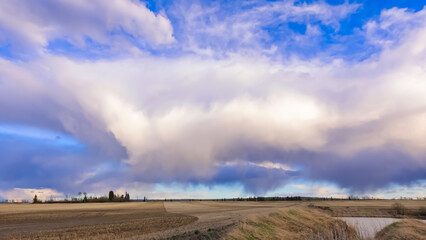A scenic rural landscape capturing a freshly seeded agricultural field under a dramatic cloudy spring sky, raining in the horizon.