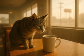Cat enjoys serene morning coffee in cozy sunlit cafe setting