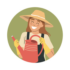 Smiling woman gardener in straw hat with red watering can. Cute female character in overalls and gloves enjoying gardening. Colorful illustration for eco lifestyle, farming, horticulture or spring-the