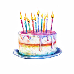 Birthday Cake and Lit Candles in Watercolor Texture