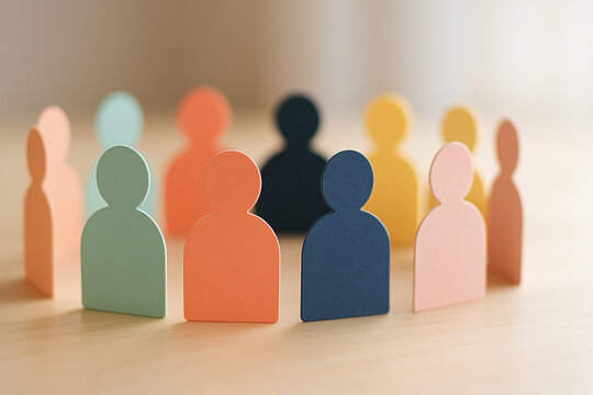 Colorful paper cutout people figures in a circle representing teamwork and diversity