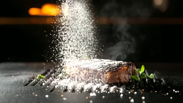 USDA Prime porterhouse steak fresh off the grill, smoke still rising as flakes of sea salt cascade down onto its charred, seared crust