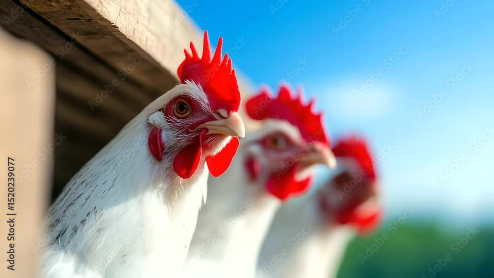 Aufkleber white laying hens in modern vertical aviary system, red combs peeking through enclosures, symmetrica
