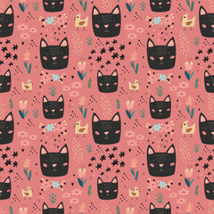 Cute cat seamless pattern hand drawn cute kids background colorful pallete