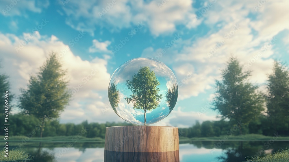 Poster a small tree inside a glass sphere on a wooden stand, reflecting a serene landscape with trees and a