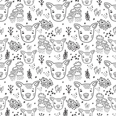 Cute doodle pig seamless pattern hand drawn cute kids background black and white