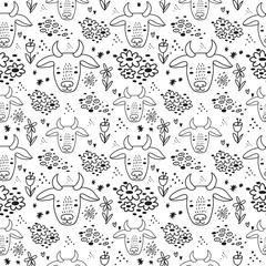 Cute doodle Cow seamless pattern hand drawn cute kids background black and white