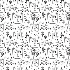 Cute doodle bear seamless pattern hand drawn cute kids background black and white