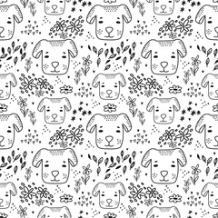 Cute doodle dog seamless pattern hand drawn cute kids background black and white