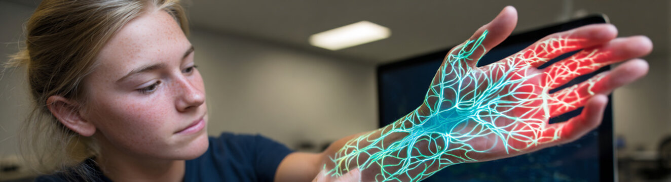 26 year old female chef receiving photobiomodulation therapy on the right flexor carpi radialis with a mixed media 3D hologram overlay illustrating a glowing depiction of accelerated cell repair