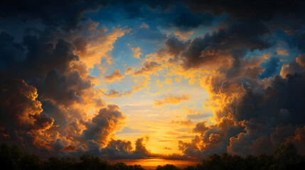 Naklejka premium Dramatic Sunset Sky With Golden Clouds