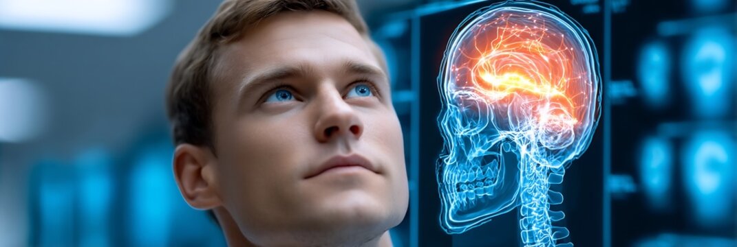 26 year old male in ICU after craniotomy with an MRI style X ray showing glowing depiction of skull flap replacement