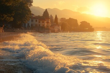 Tranquil Sunset Beachscape. Capturing the Beauty of Nature's Serenity with Waves and Tropical Colors