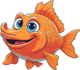 A vibrant vector illustration of a cartoon fish, featuring a goldfish swimming in a tropical underwater scene with orange fins