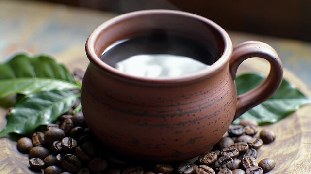 A close-up cinematic video of a steaming hot cup of black coffee served in a rustic brown ceramic cup on a wooden plate