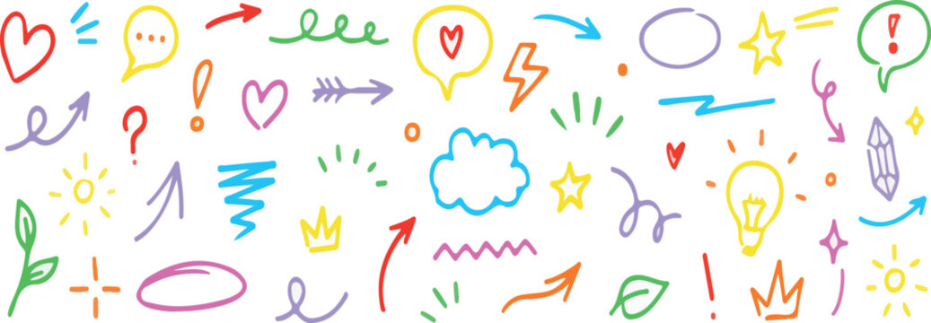 Naklejki Line sketch star, text, arrow, heart decoration element icon set. Hand drawn sketch doodle cute star, emphasis, flower element. Pen line, brush, love text decoration shape icon. Hand drawn vector