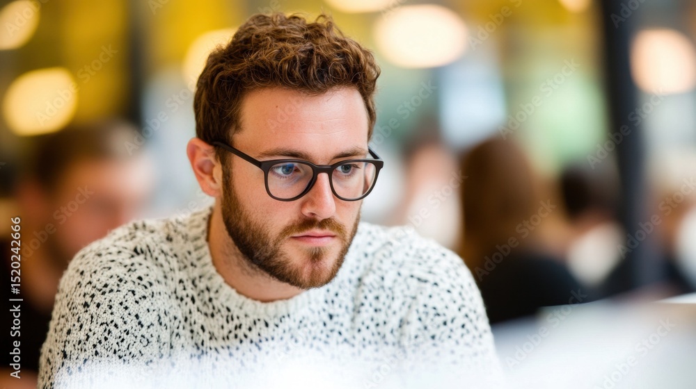 Poster focused man working on a computer in a modern cafe setting