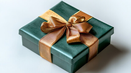 Obraz premium A green gift box embellished with a golden ribbon and bow is presented on a white backdrop