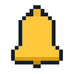 Pixel art yellow bell emoji in classic 8 bit style. Ideal for use in UI UX designs, notifications, alerts, reminders and retro game interfaces.