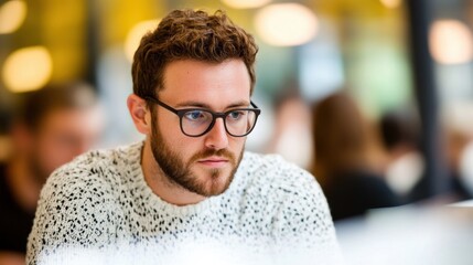 Obraz premium Focused man working on a computer in a modern cafe setting