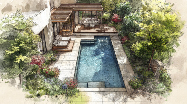 A landscape design sketch details a backyard layout plan tailored for a private villa retreat