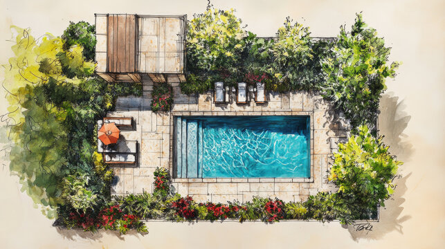 A landscape design sketch details a backyard layout plan tailored for a private villa retreat