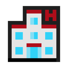Pixel art hotel building emoji with a red H symbol and blue windows, designed in vintage 8 bit style. Ideal for travel apps, maps, tourism services, retro style games and digital interfaces.