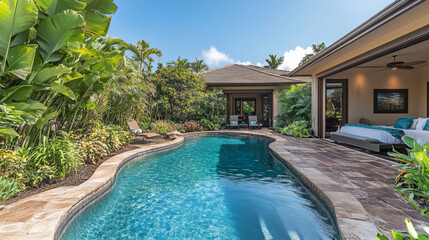Interior and exterior of a tropical poolside home with lush landscaping and direct bedroom access to the garden oasis