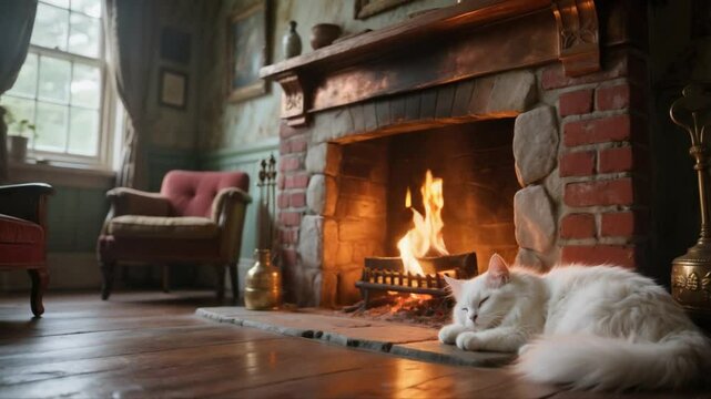 Gato angora durmiendo junto a la chimenea