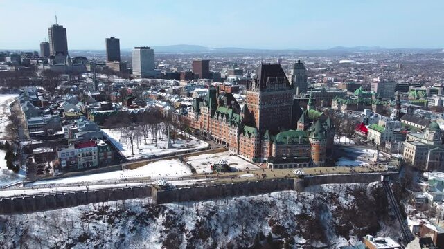 Drone View of Chateau Frontenac and Old Quebec City, Canada
