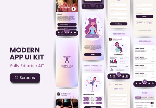 Purple And Lilac Fitness Workout Health Mobile UI UX App Template