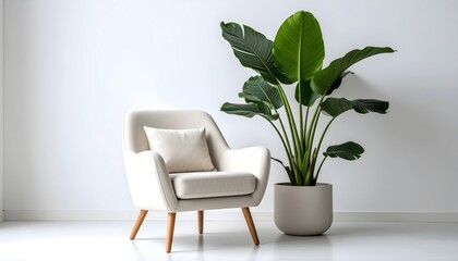 Neutral Reading Corner with Oversized Tropical Plant. Interior Design Mockup