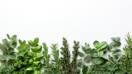 Obraz premium Fresh herbs arranged in a horizontal row on a white background